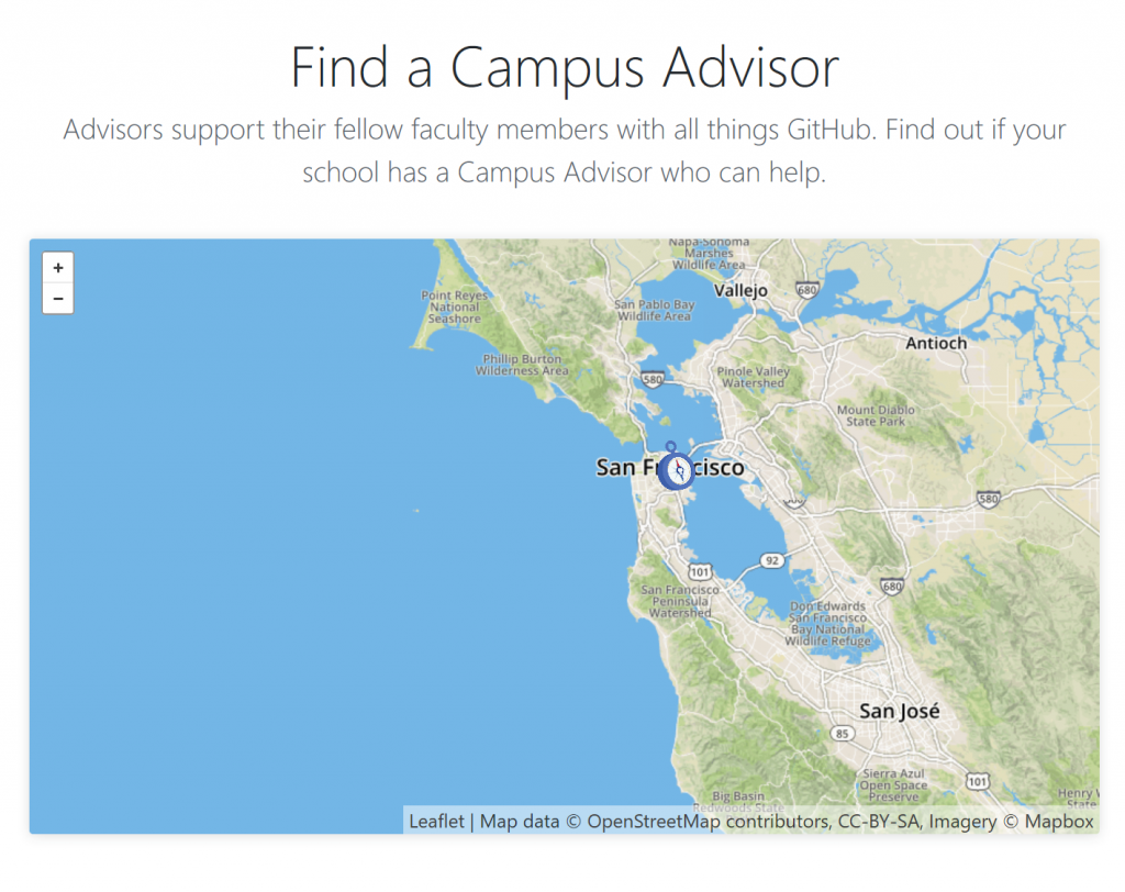 Map of San Francisco Bay area showing only one Campus Advisor icon.